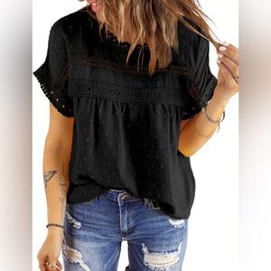 Dokotoo Summer Tops Crewneck Lace Crochet Short Sleeve Shirts Casual Chiffon 2x